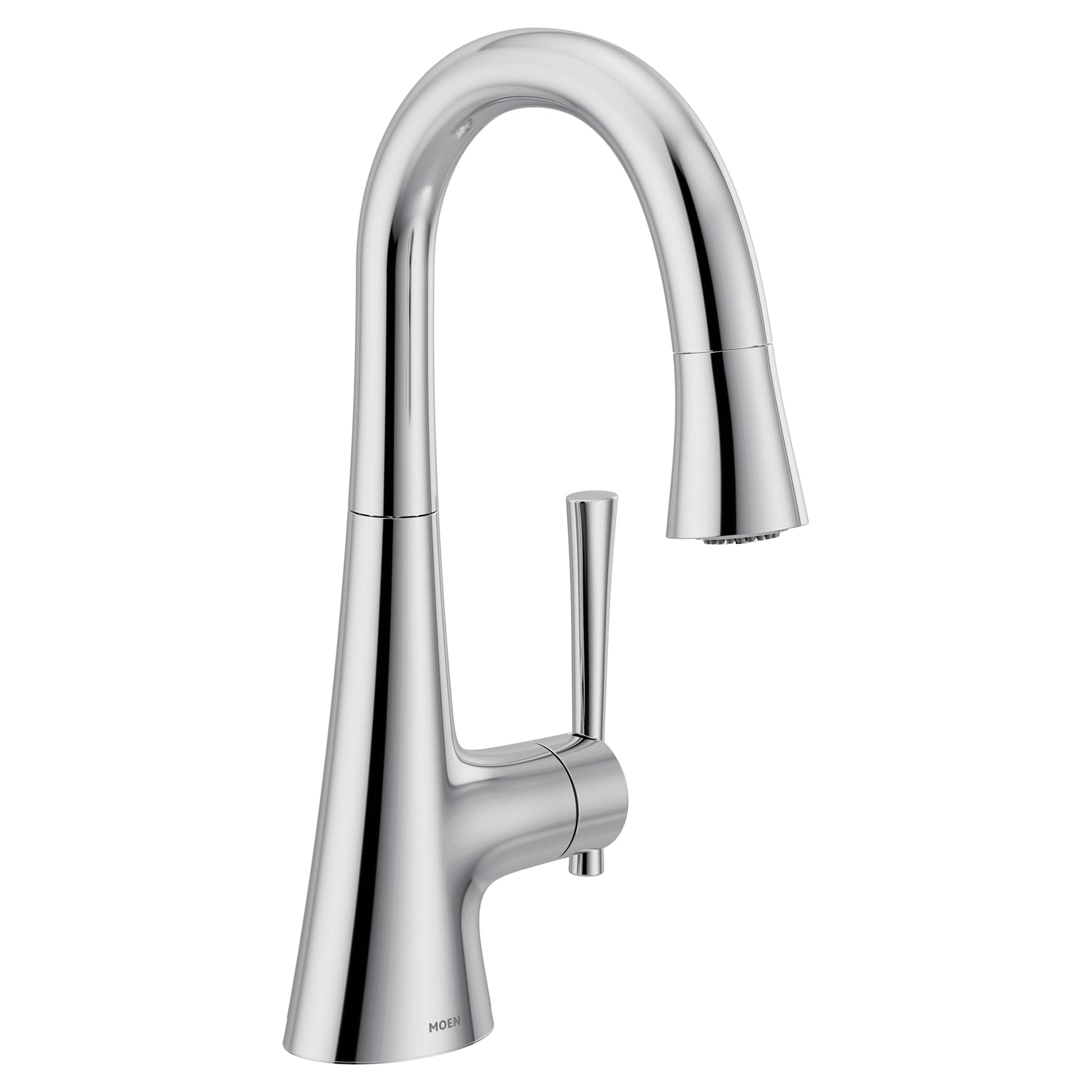 Chrome pulldown bar faucet with single handle and curved spout.