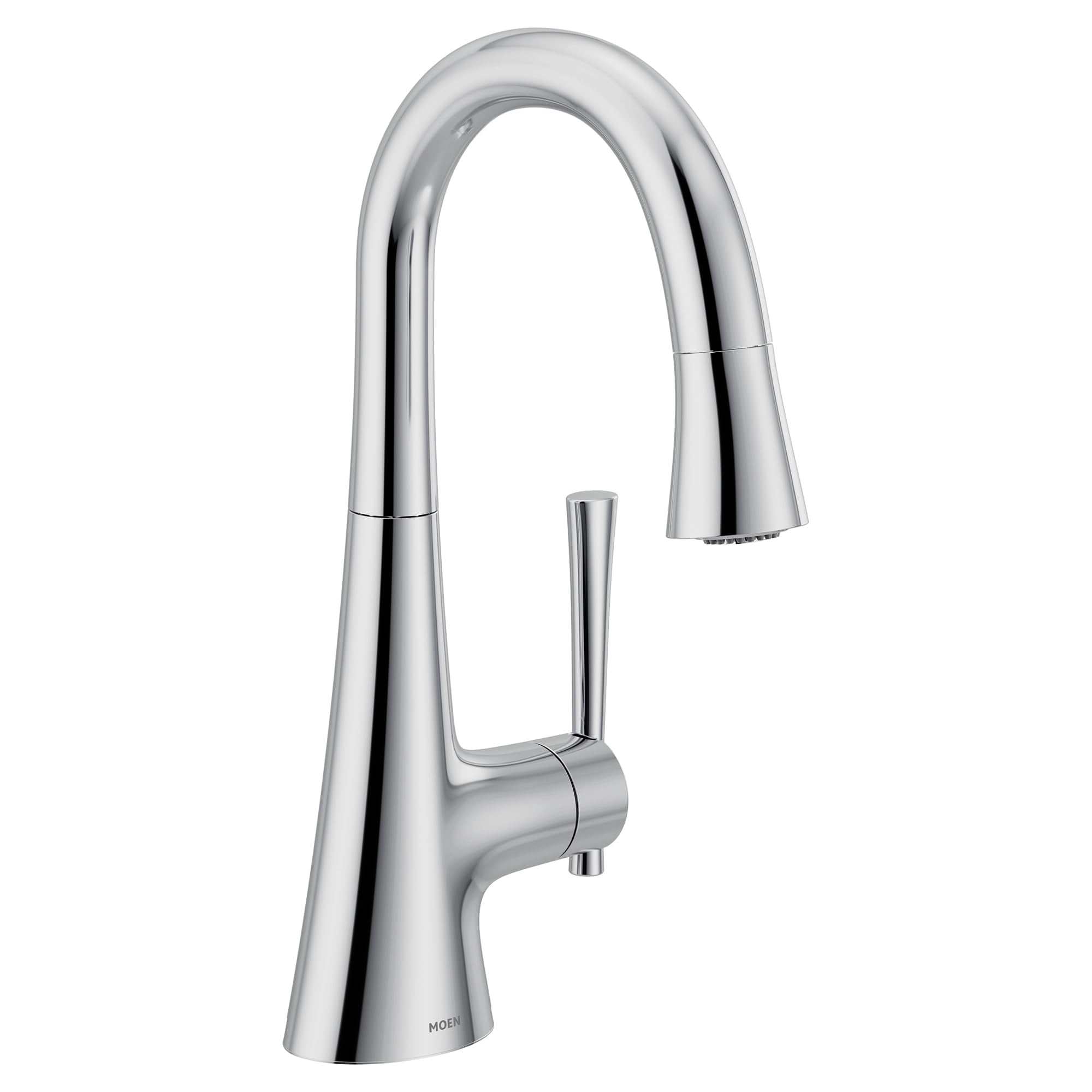 Chrome pulldown bar faucet with single handle and curved spout.