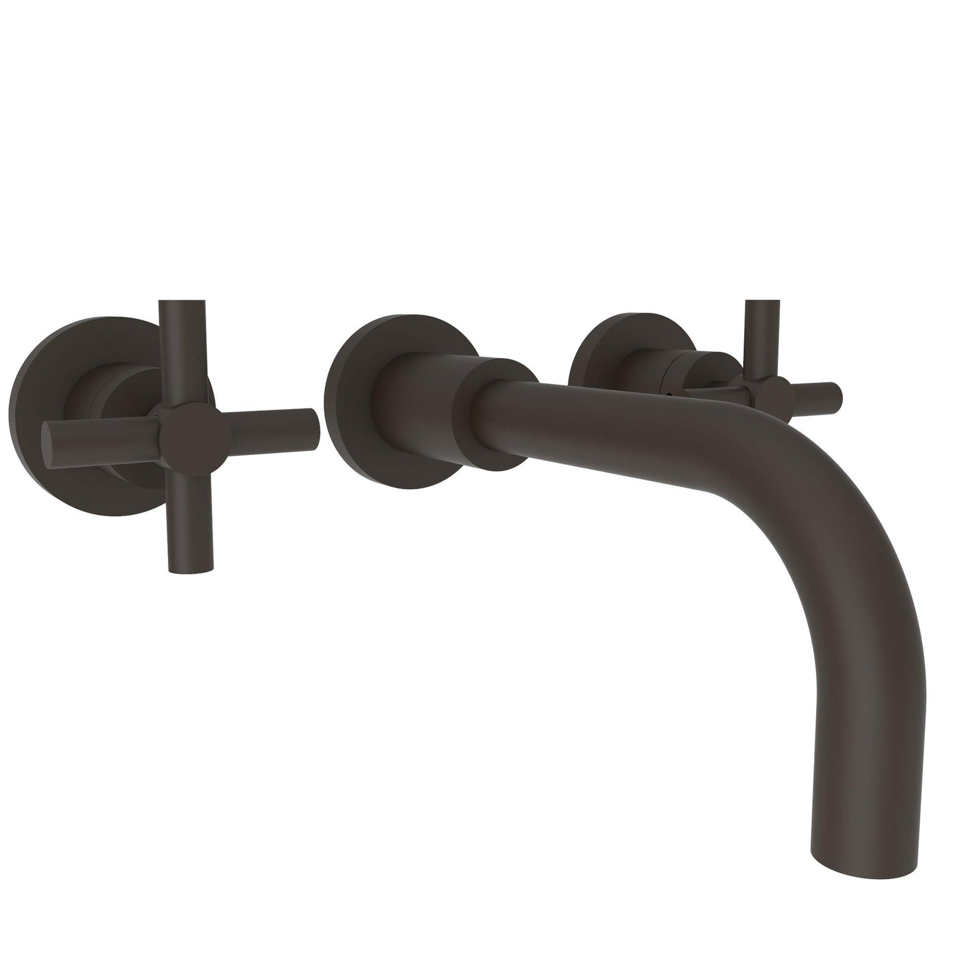 Oil rubbed bronze wall-mount bathroom faucet with curved spout and cross handles.