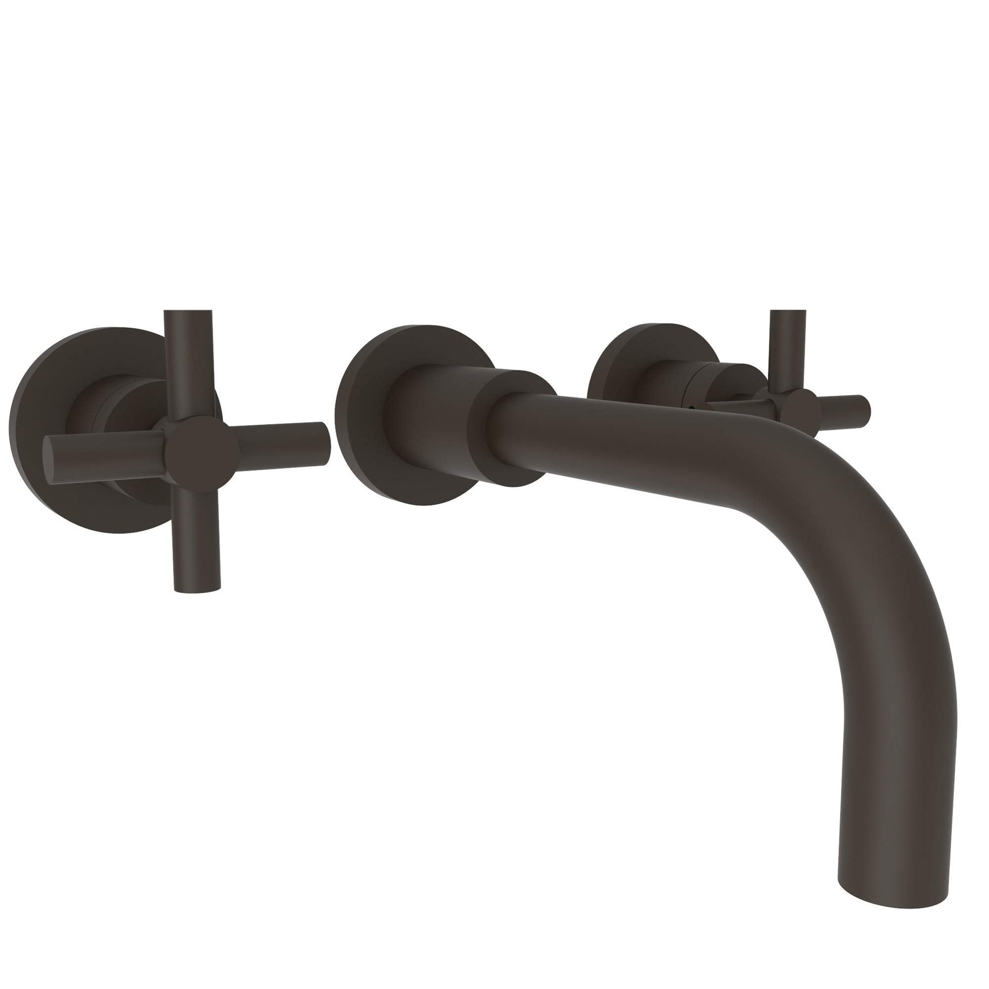 Oil rubbed bronze wall-mount bathroom faucet with curved spout and cross handles.