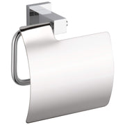 Chrome tissue holder with cover and curved handle mounted on wall.