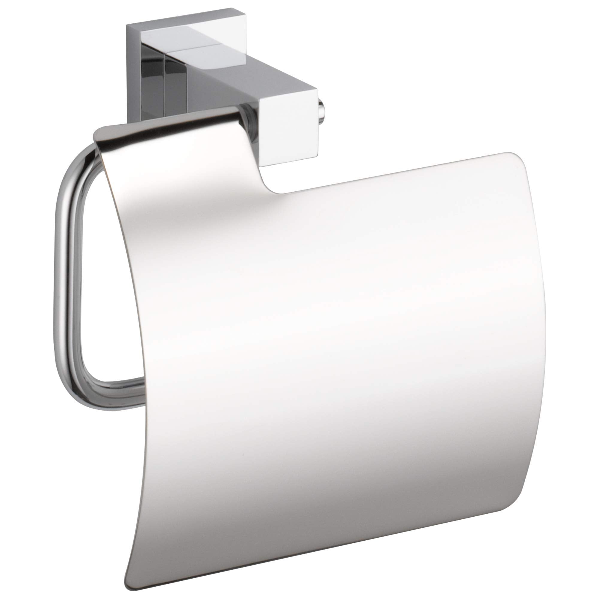 Chrome tissue holder with cover and curved handle mounted on wall.