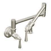 Brushed stainless steel wall-mount pot filler faucet with swing arm and dual lever handles.