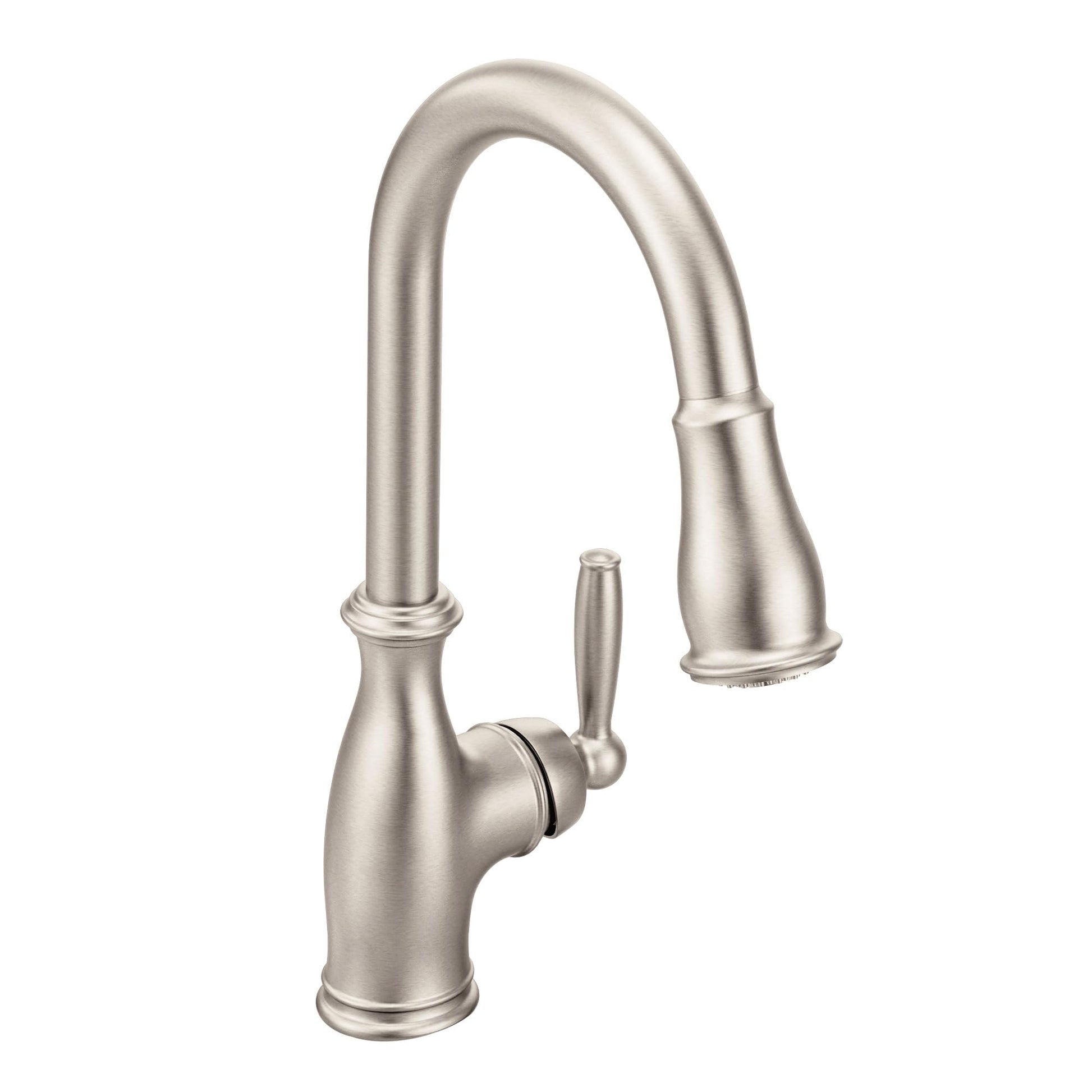 Stainless steel pull-down kitchen faucet with high arched spout and side handle control lever.