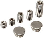 Four stainless steel set screws with hex sockets and two stainless steel button caps in brushed finish.