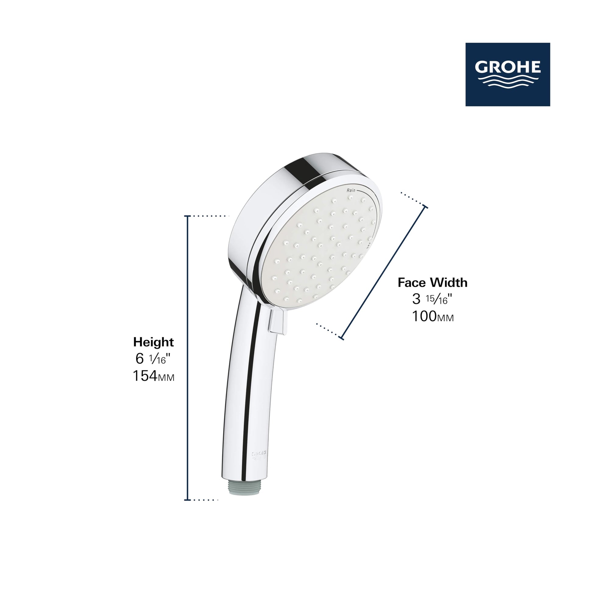 Chrome handheld rain shower head with round 100mm face, 154mm height, white and black finish.