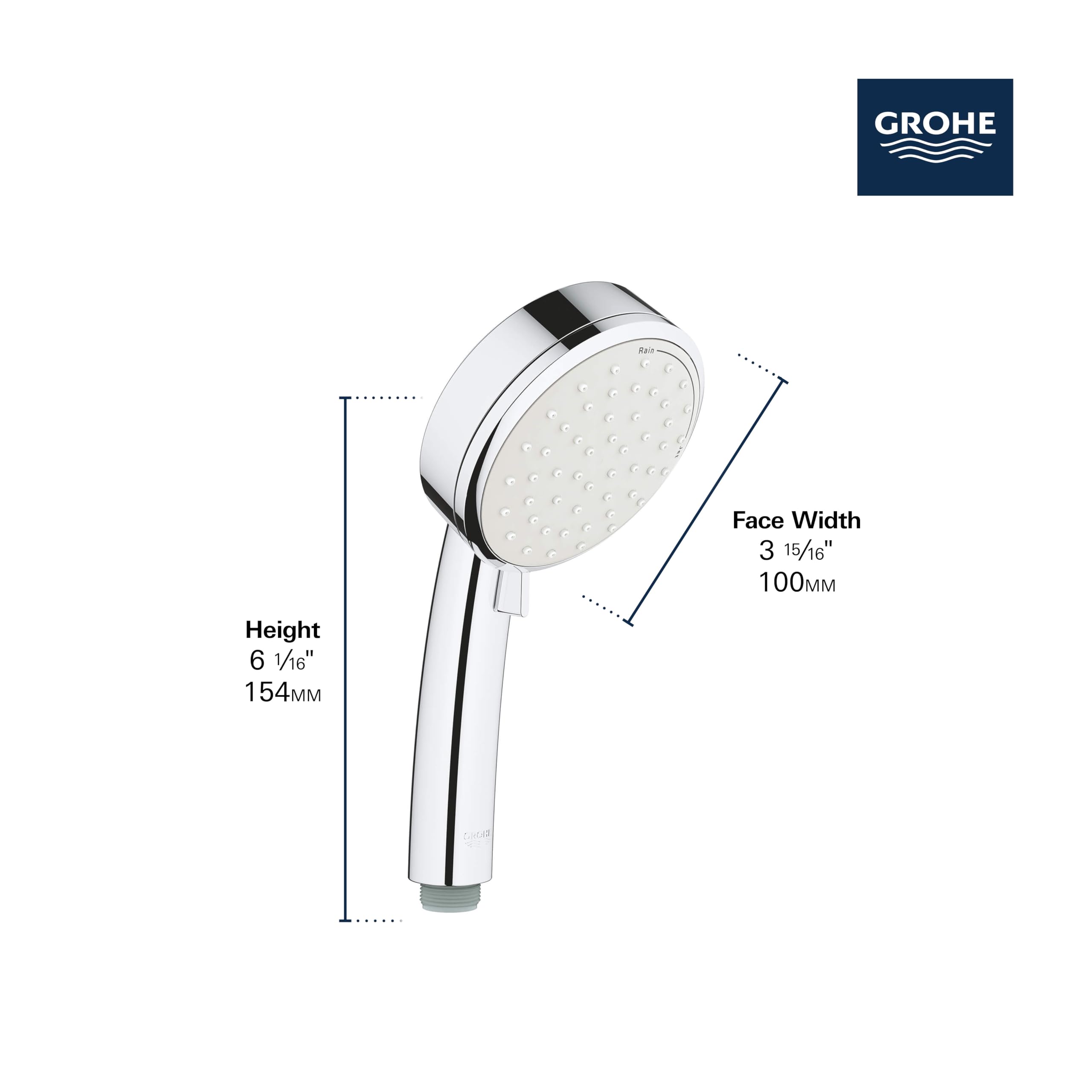 Chrome handheld rain shower head with round 100mm face, 154mm height, white and black finish.