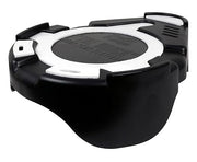 Black and white plastic sump pump platform with circular top surface and molded basin.