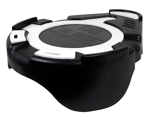 Black and white plastic sump pump platform with circular top surface and molded basin.