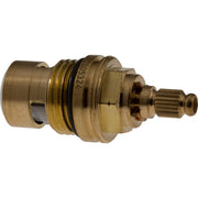 Brass faucet cartridge with threaded stem and grooved control dial, marked RP61824.