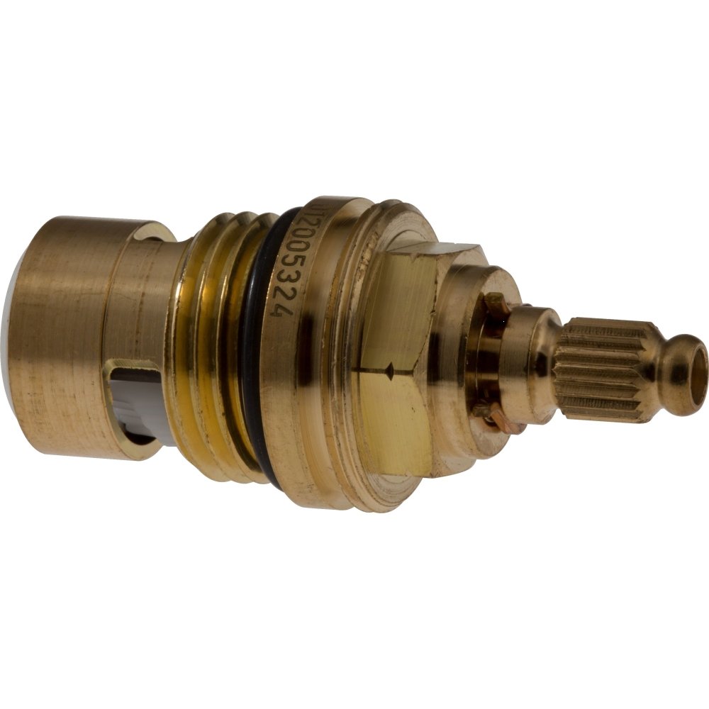 Brass faucet cartridge with threaded stem and grooved control dial, marked RP61824.