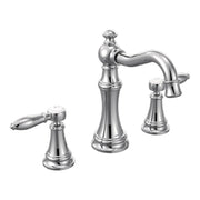 Chrome two-handle bathroom faucet trim with curved spout and lever handles on tapered bases.