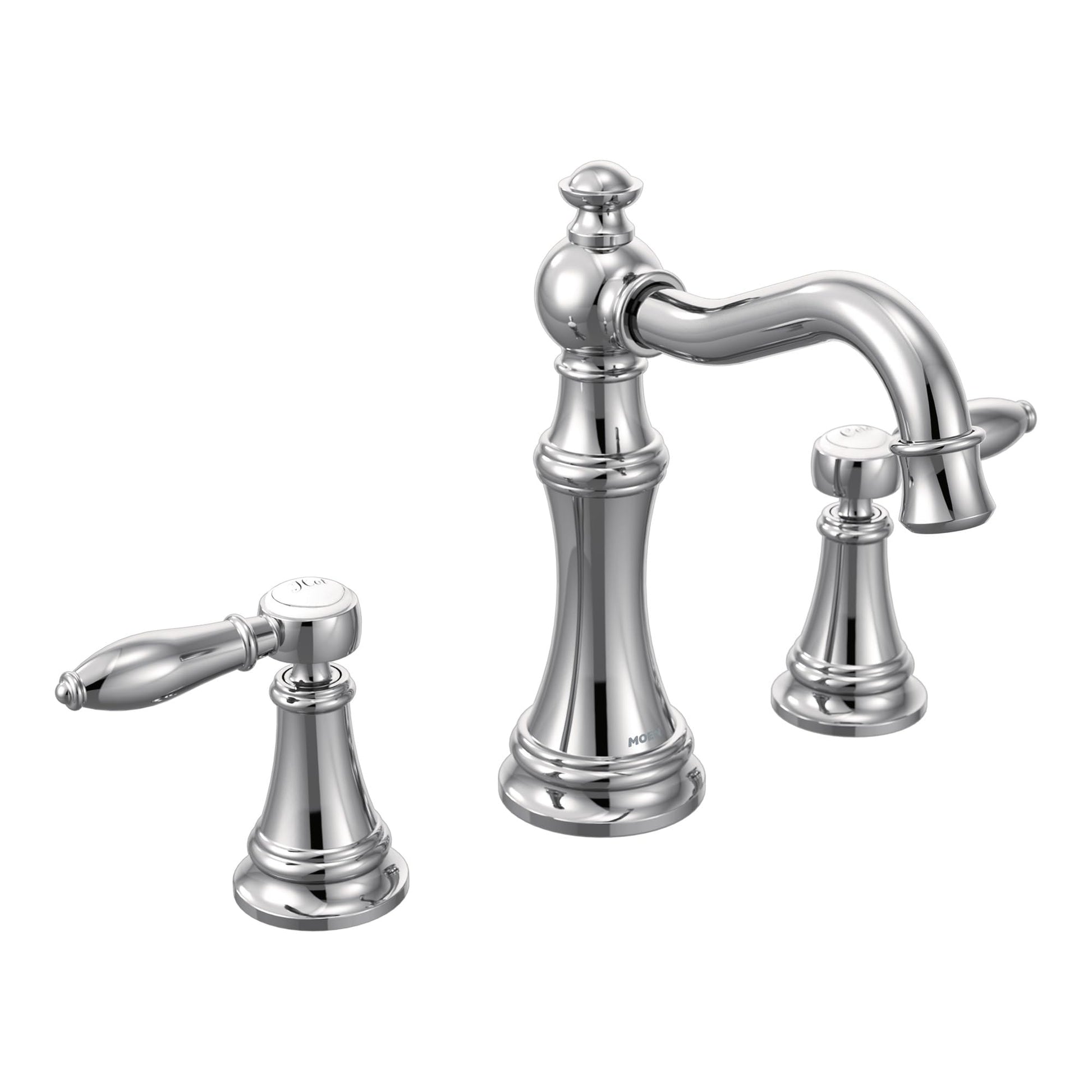 Chrome two-handle bathroom faucet trim with curved spout and lever handles on tapered bases.