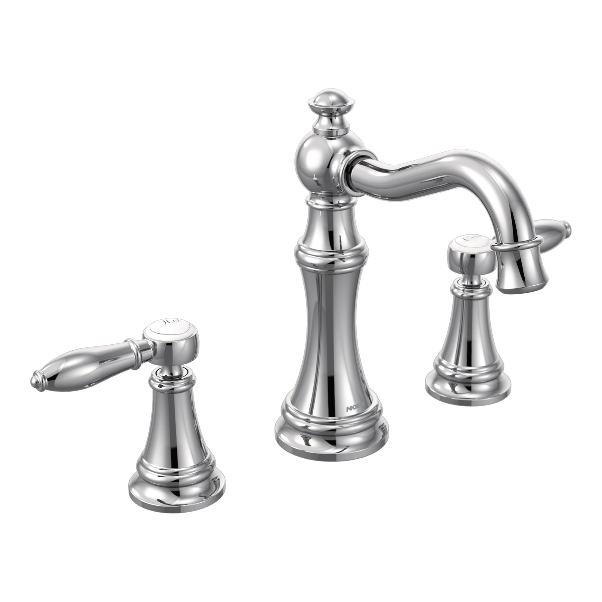 Chrome two-handle bathroom faucet trim with curved spout and lever handles on tapered bases.