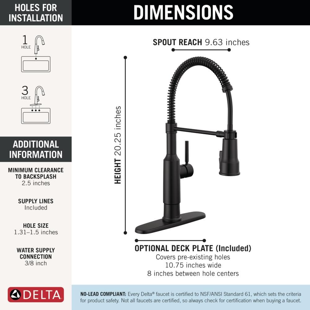 Matte black pull-down kitchen faucet with single handle and coiled hose, 20.25 inches tall with 9.63 inch spout reach.