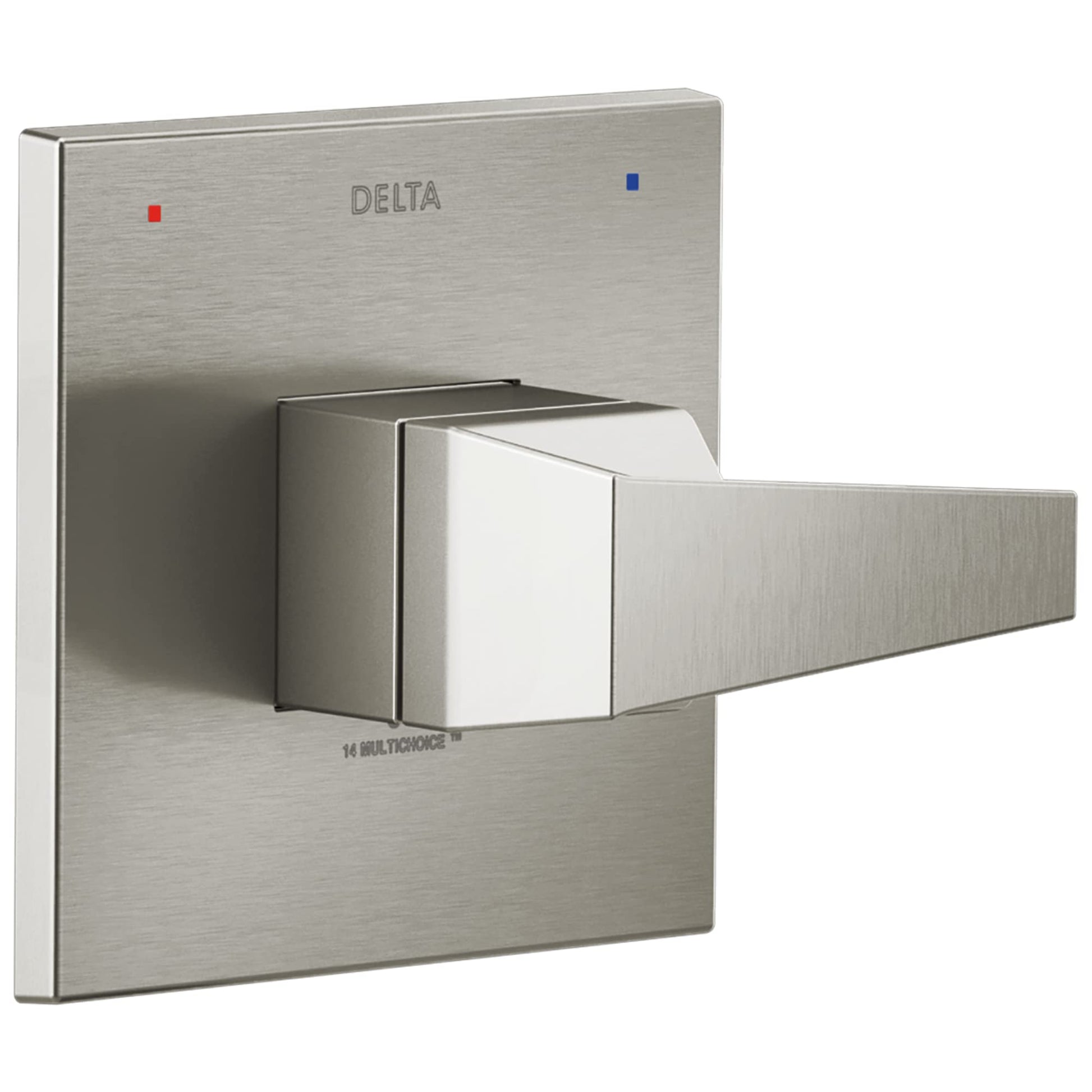 Brushed nickel Delta Trillian valve trim with square escutcheon plate, lever handle, and red and blue indicator dots.