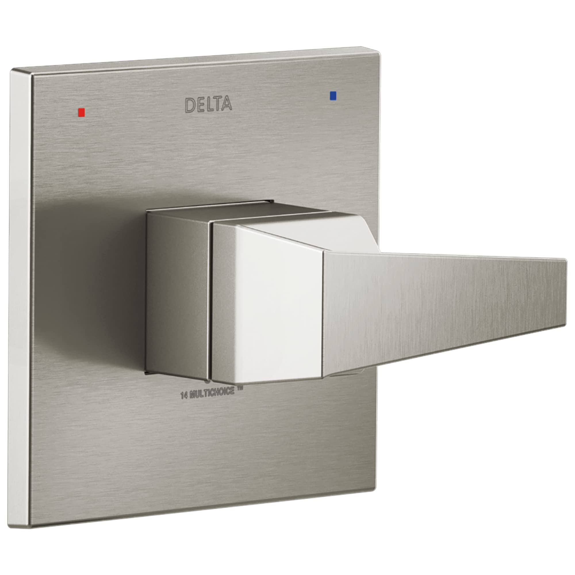Brushed nickel Delta Trillian valve trim with square escutcheon plate, lever handle, and red and blue indicator dots.