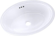 White oval undermount bathroom sink with three faucet holes and center drain opening.