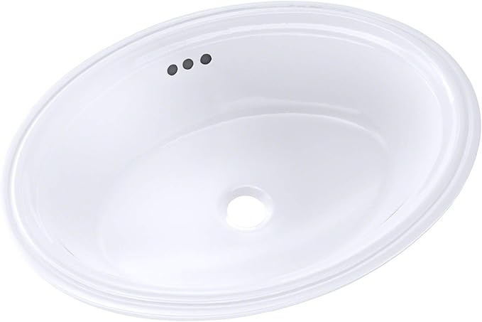 White oval undermount bathroom sink with three faucet holes and center drain opening.