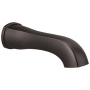 Curved tub spout with brushed bronze finish and angled outlet.