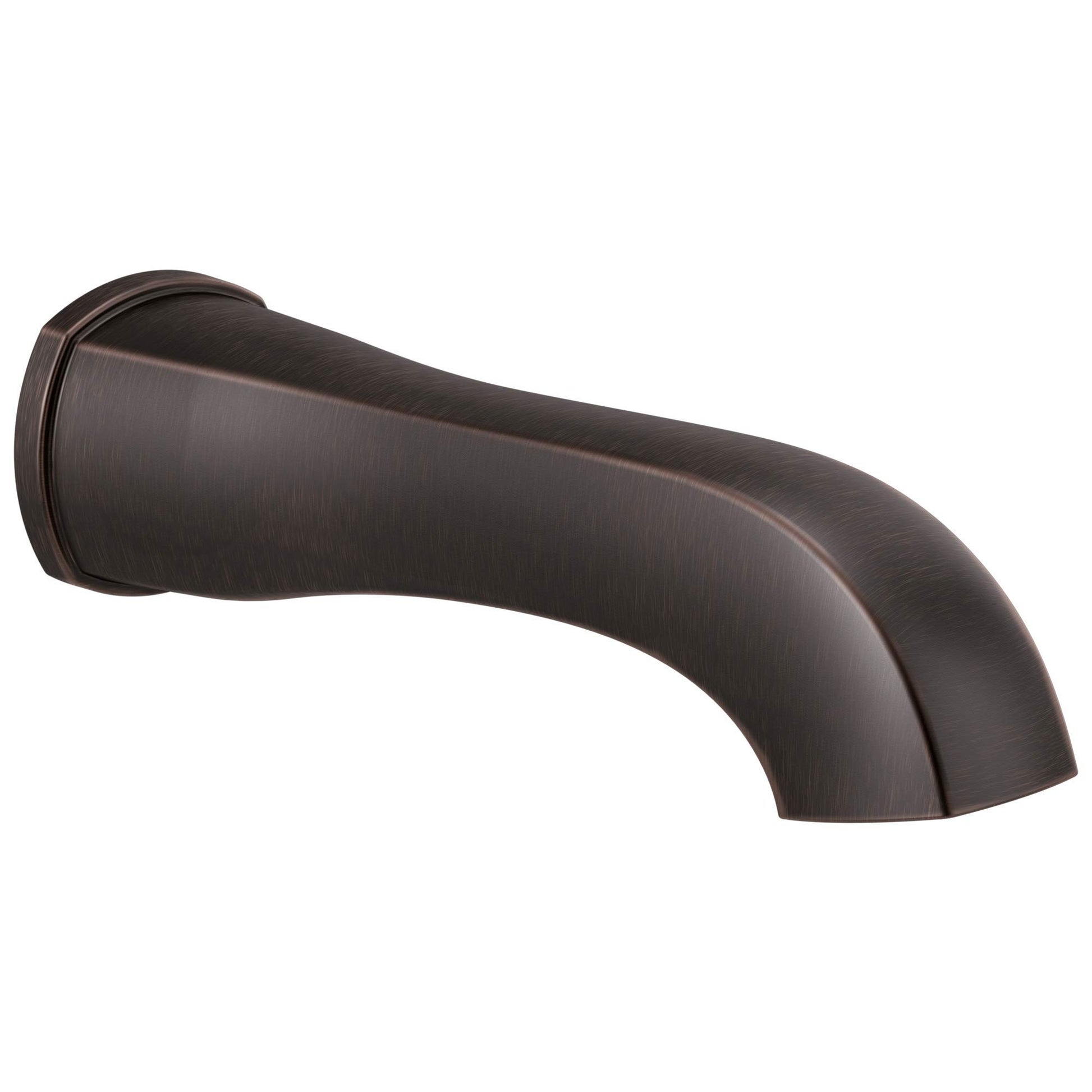 Curved tub spout with brushed bronze finish and angled outlet.