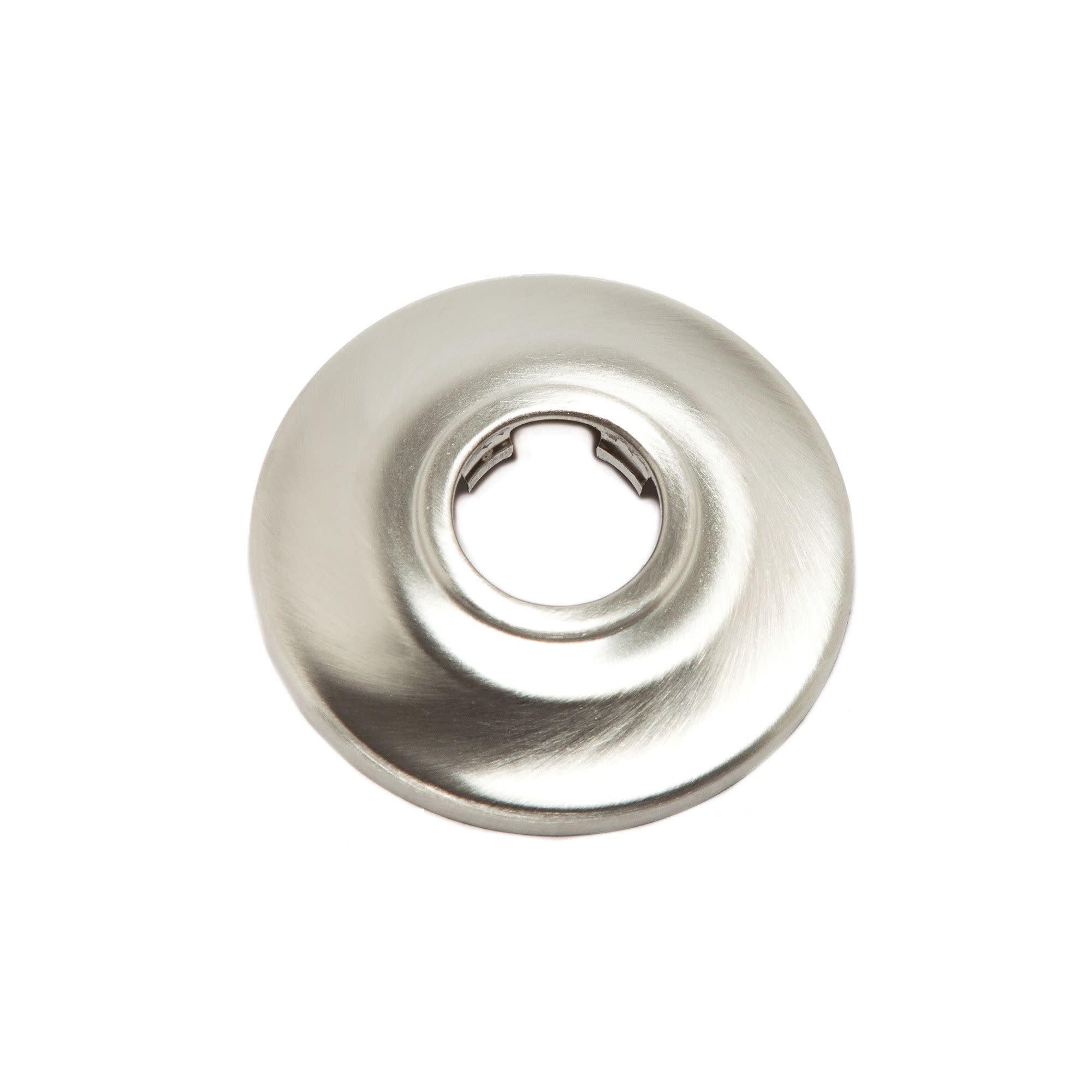Brushed nickel circular shower arm flange with central opening and grooved collar ring.