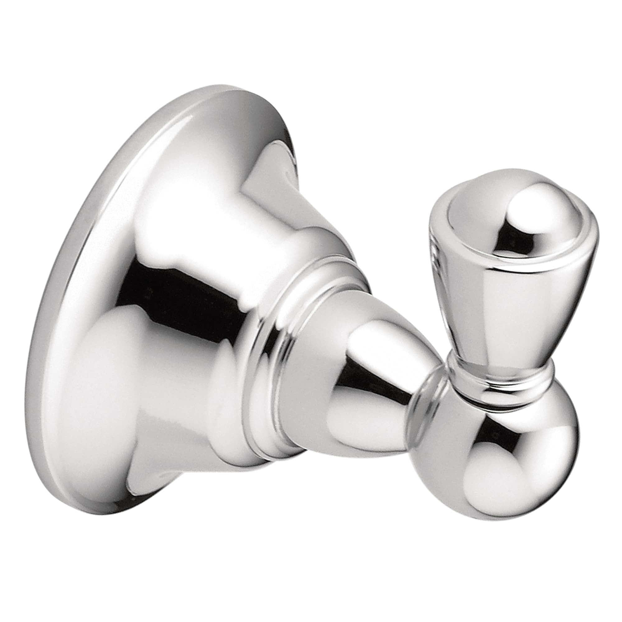 Chrome wall-mount robe hook with dual rounded hooks and circular mounting plate.