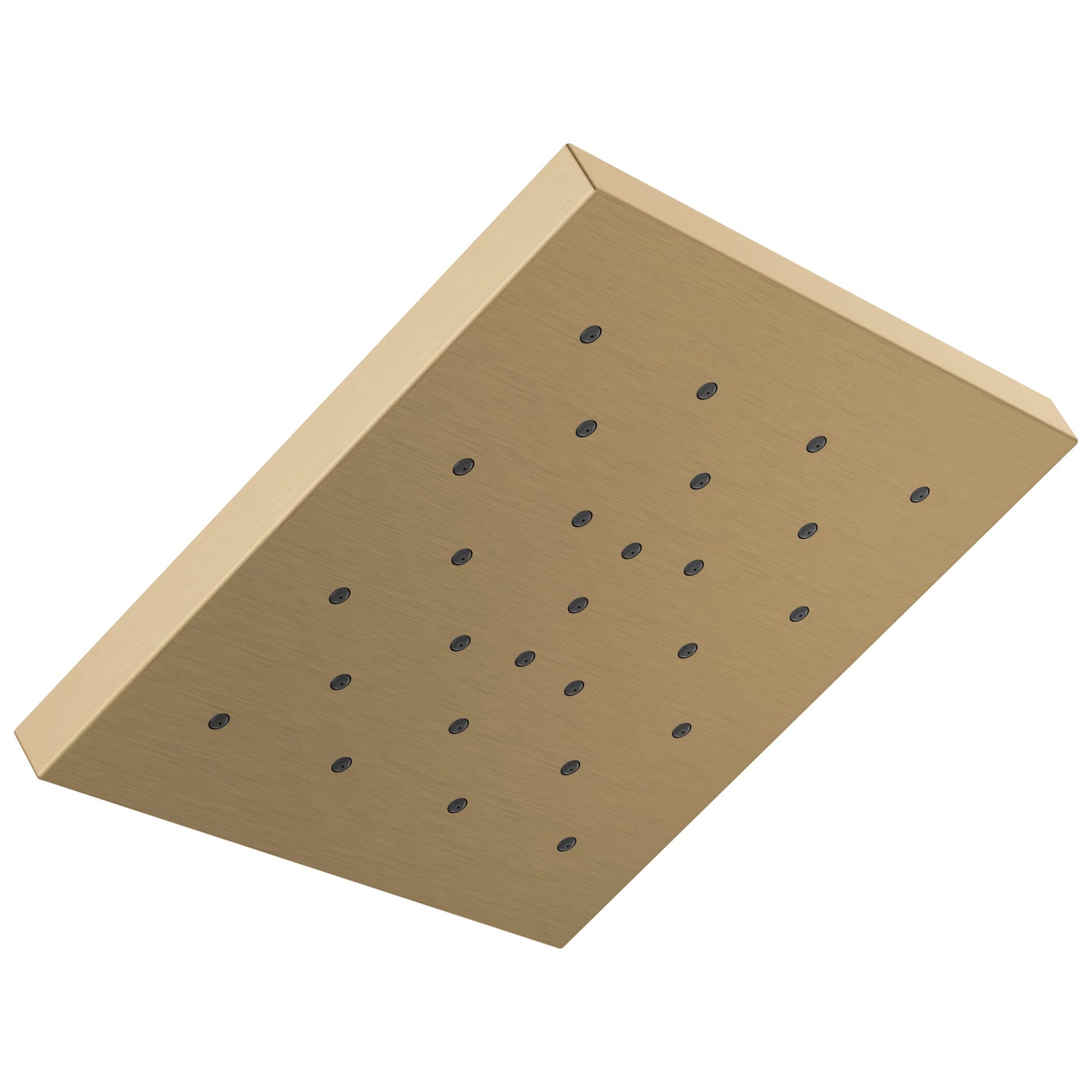 Square brushed bronze shower head with multiple evenly spaced water jets on flat surface.