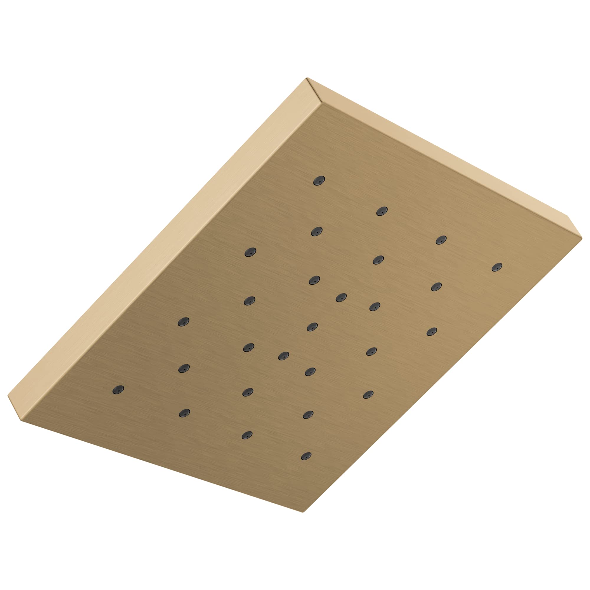 Square brushed bronze shower head with multiple evenly spaced water jets on flat surface.