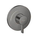 Hansgrohe Ecostat S pressure balance valve trim with round brushed black chrome escutcheon and lever handle.
