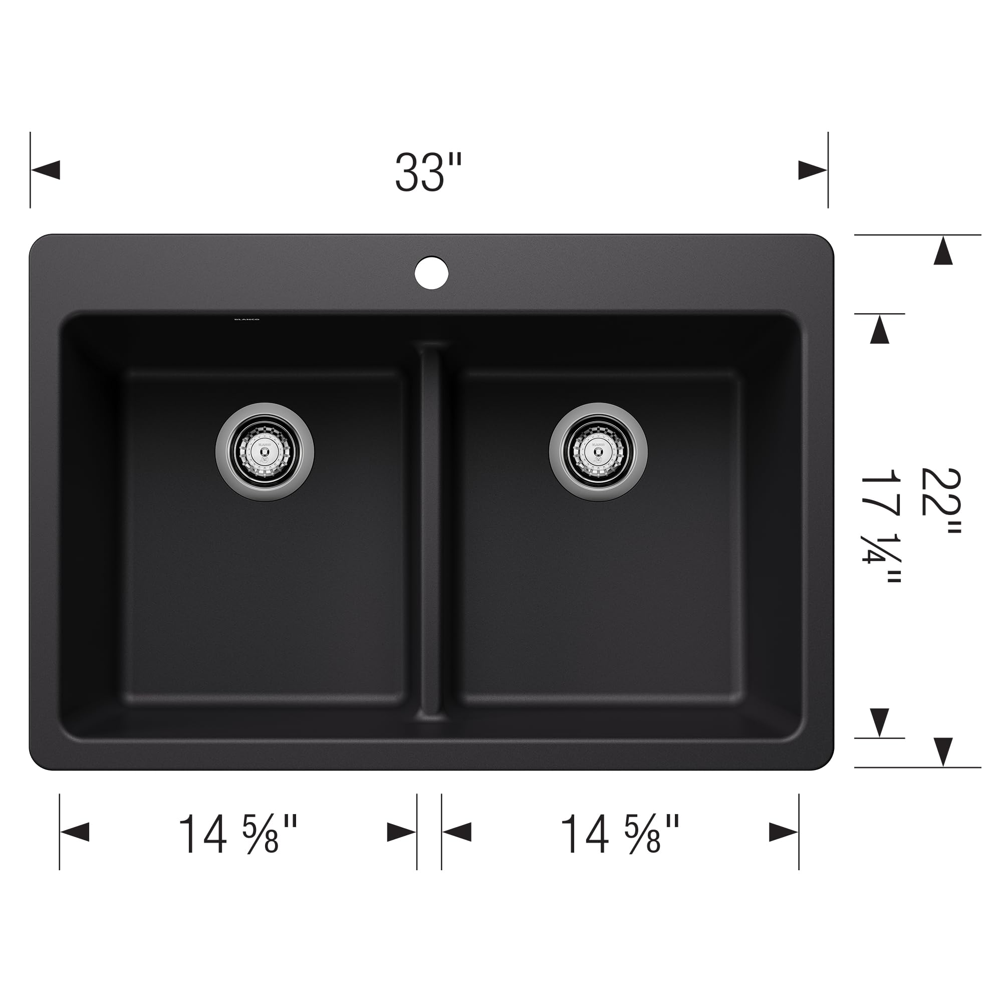 Coal black double bowl sink with low divider, dual-mount design, and chrome drain fittings, 33" W x 22" D.