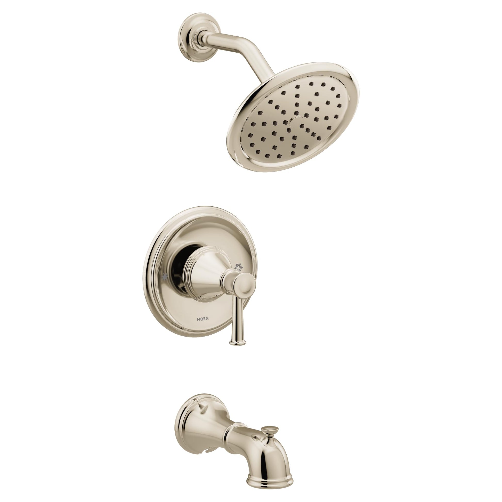 Polished nickel tub and shower trim kit with rainfall showerhead, control valve, and tub spout.