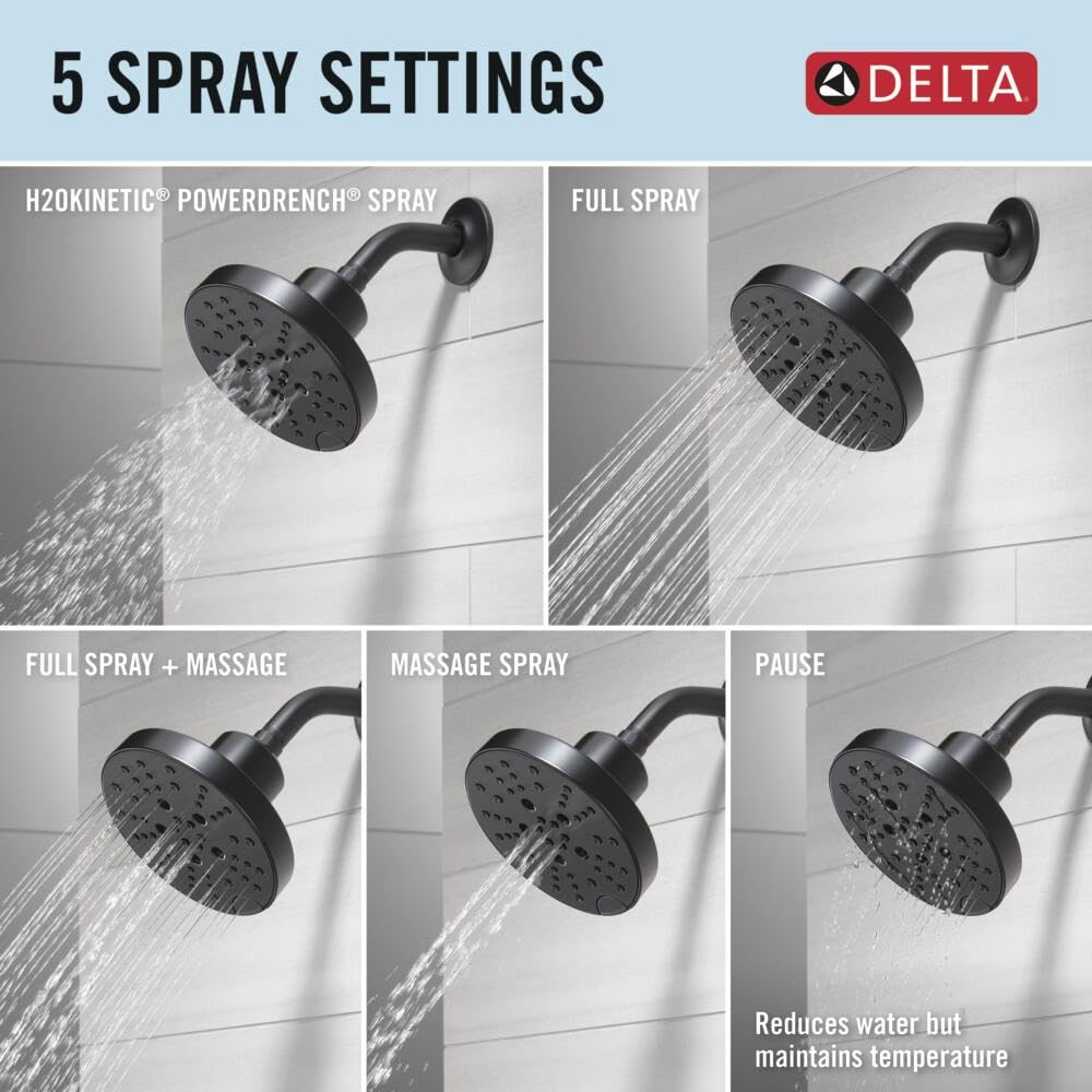 Matte black circular showerhead mounted on wall arm, showing five spray settings: H2Okinetic PowerDrench, full spray, full sp