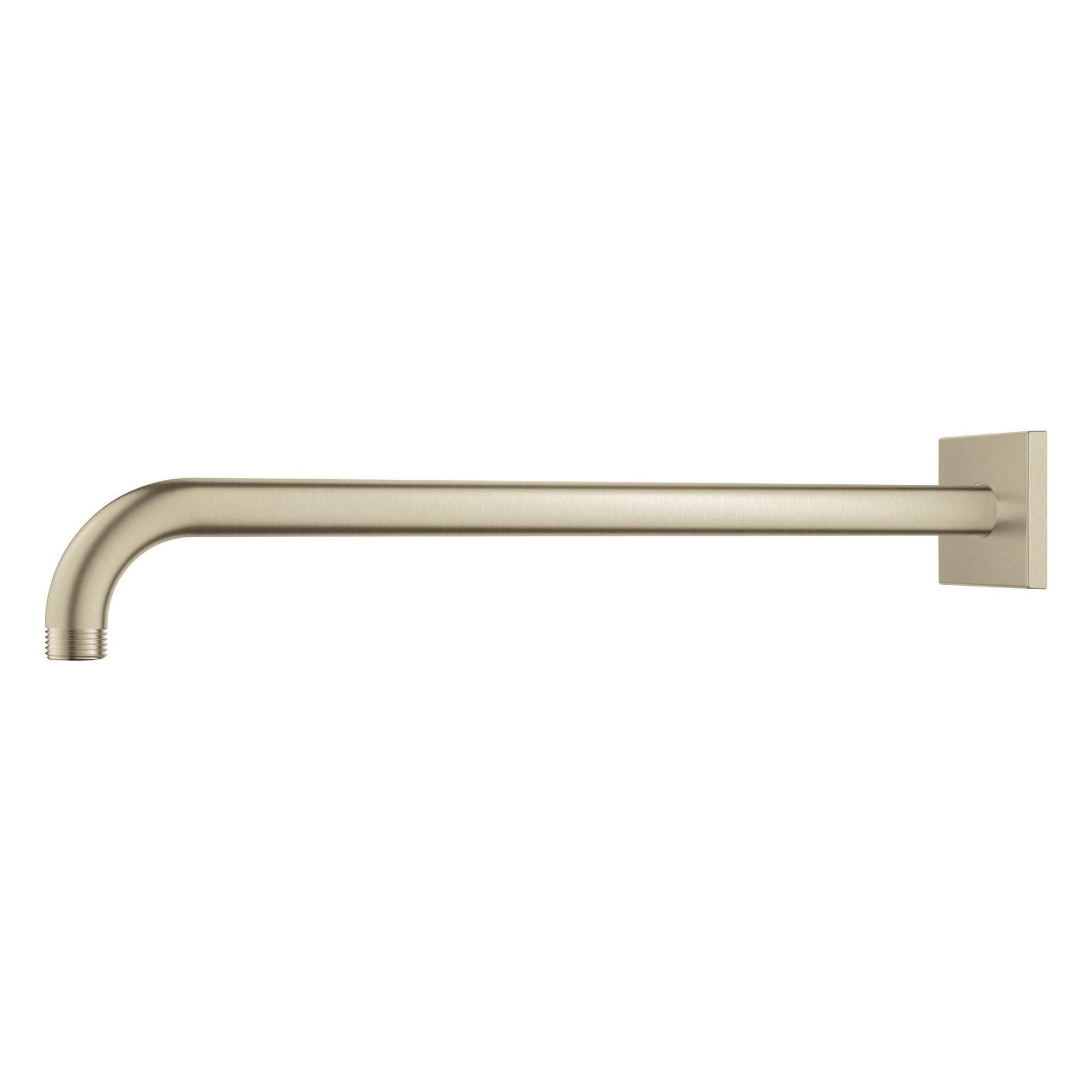 Brushed nickel shower arm with square wall mount and curved spout design.