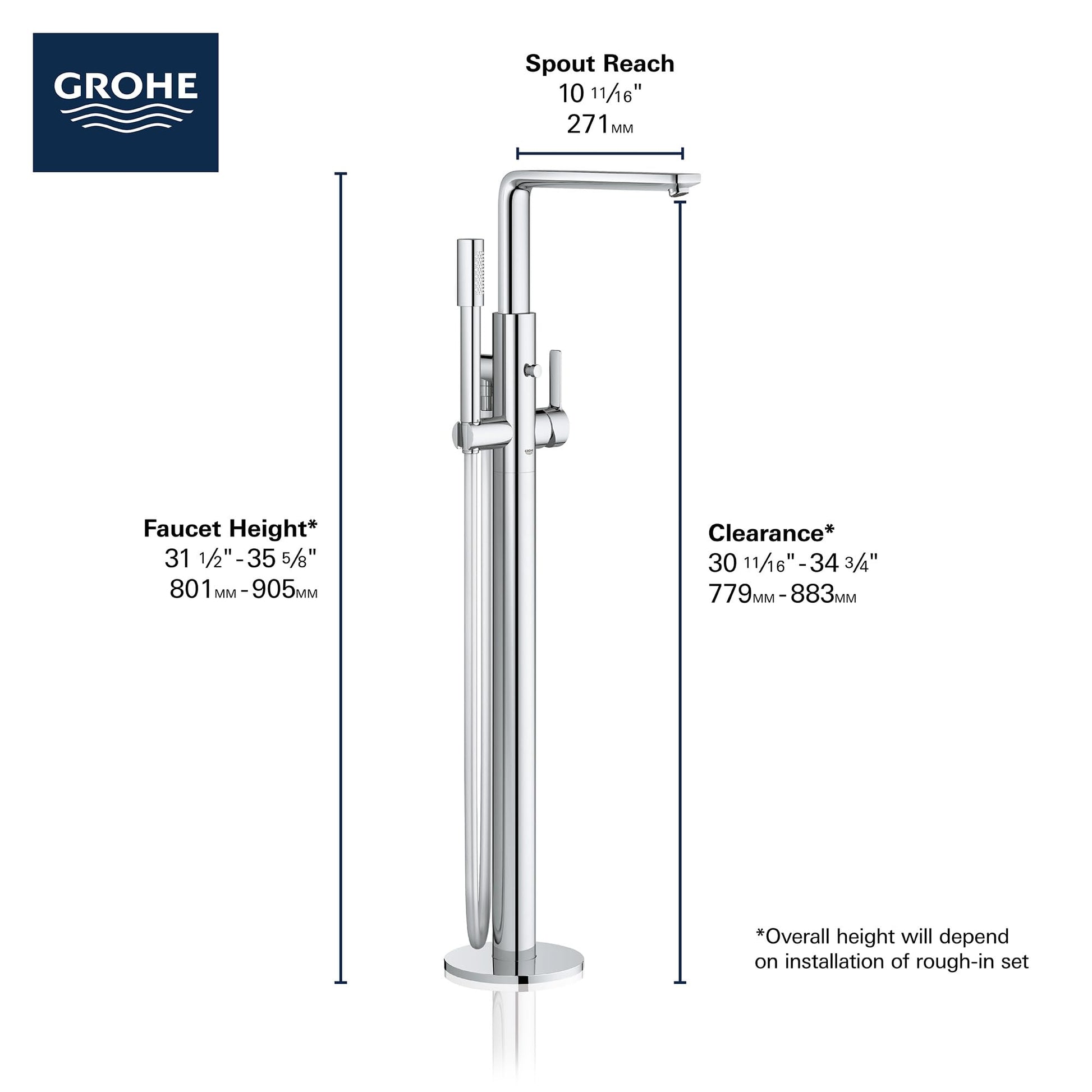 Grohe Lineare brushed nickel freestanding tub faucet with single handle, curved spout, and attached hand shower.