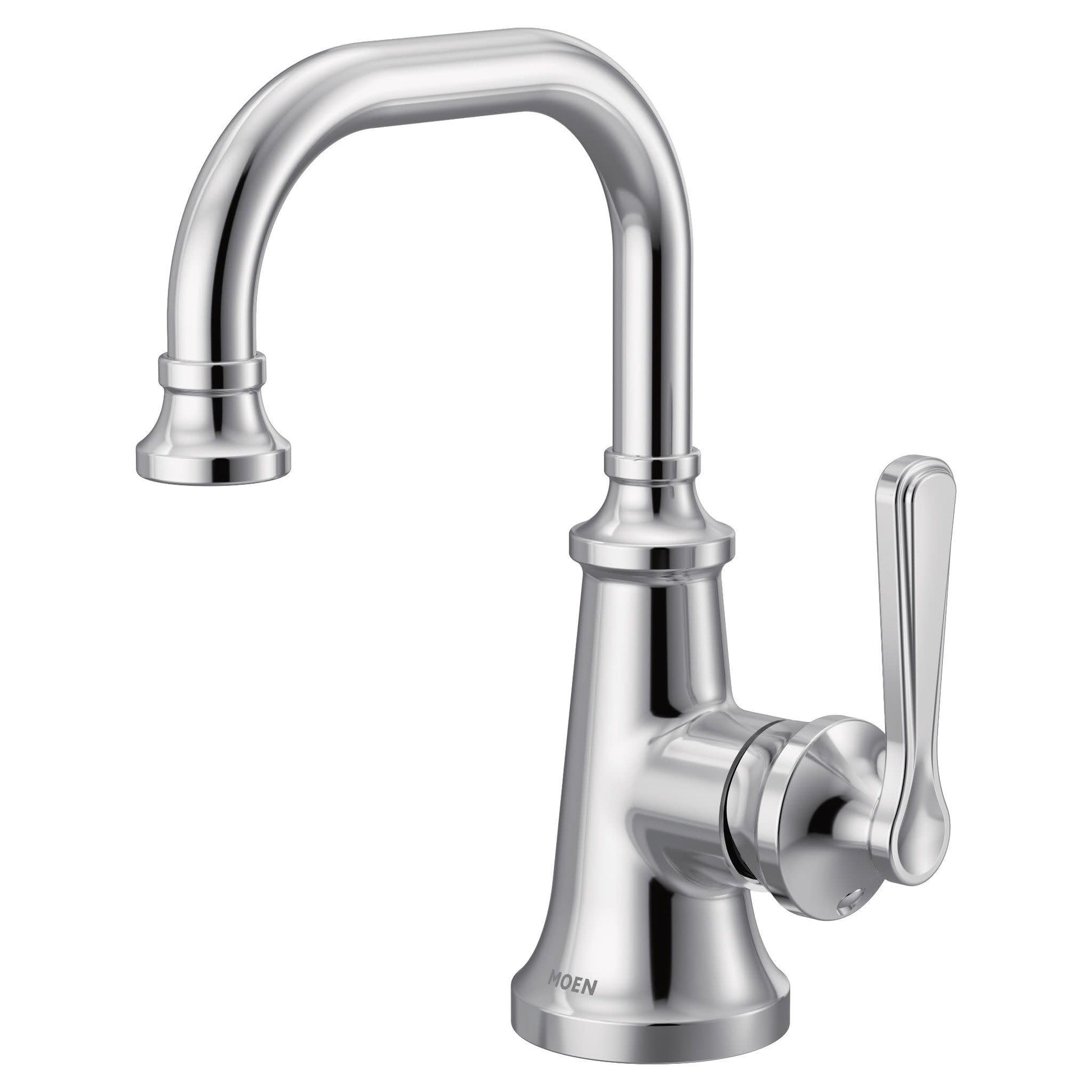 Chrome bathroom sink faucet with curved spout, single lever handle, and traditional design.