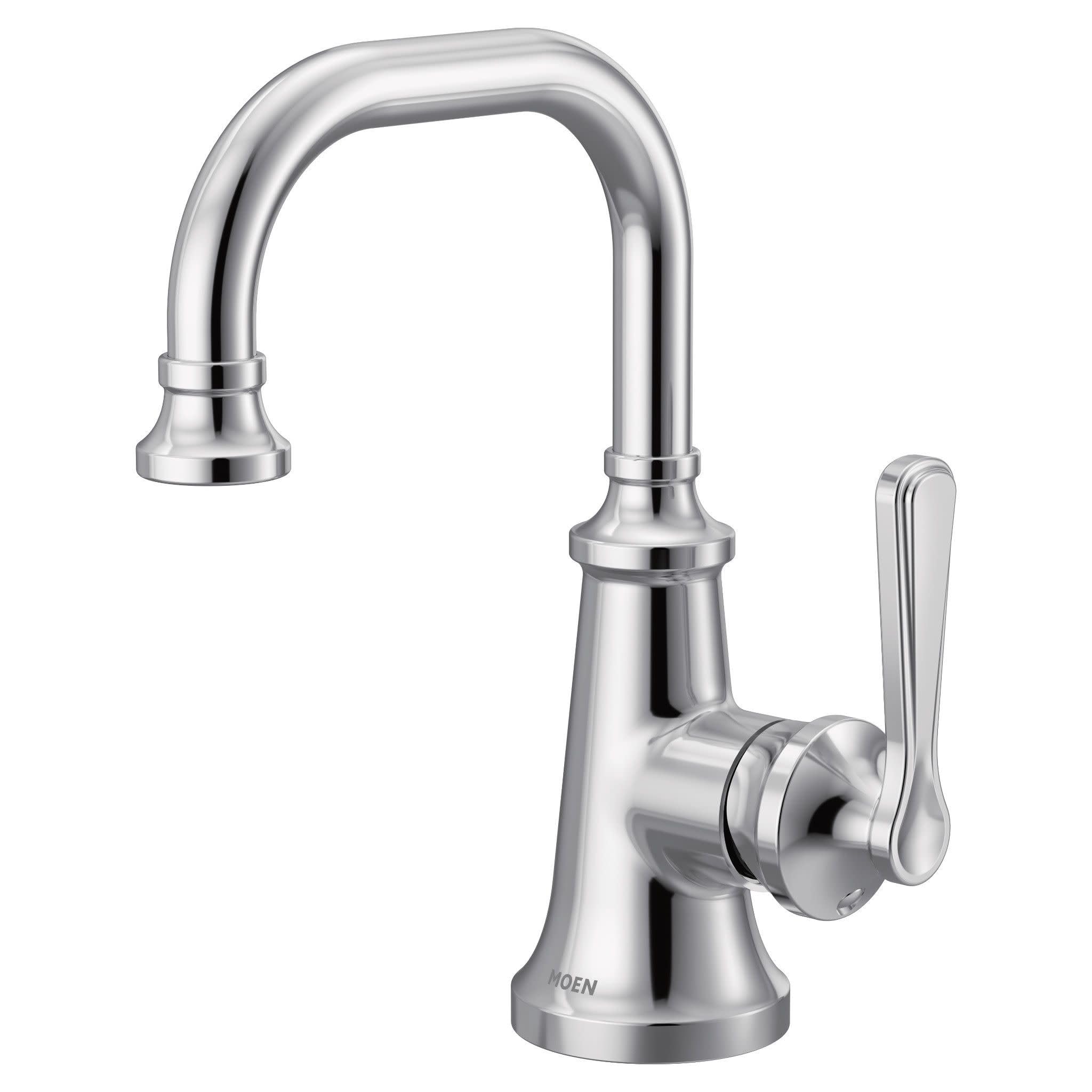 Chrome bathroom sink faucet with curved spout, single lever handle, and traditional design.