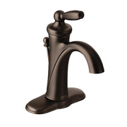 Oil rubbed bronze single-handle bathroom faucet with curved spout and lever handle on oval base.