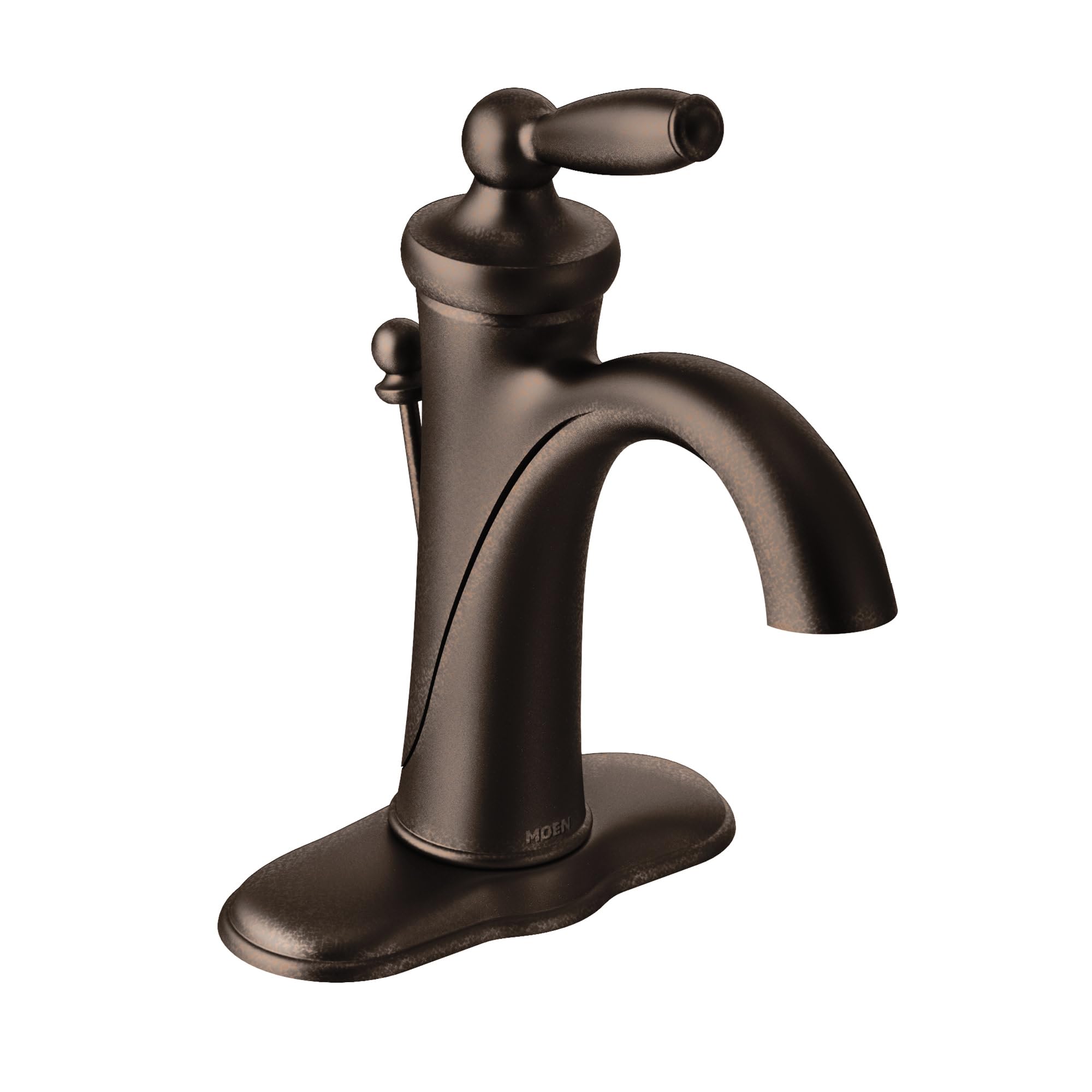 Oil rubbed bronze single-handle bathroom faucet with curved spout and lever handle on oval base.