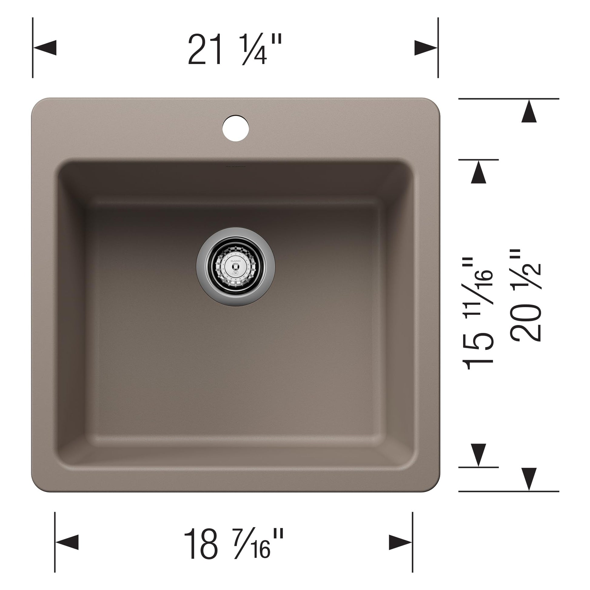 Truffle-colored single bowl kitchen sink with rounded corners, drain, and faucet hole; 21¼" width x 20½" depth.
