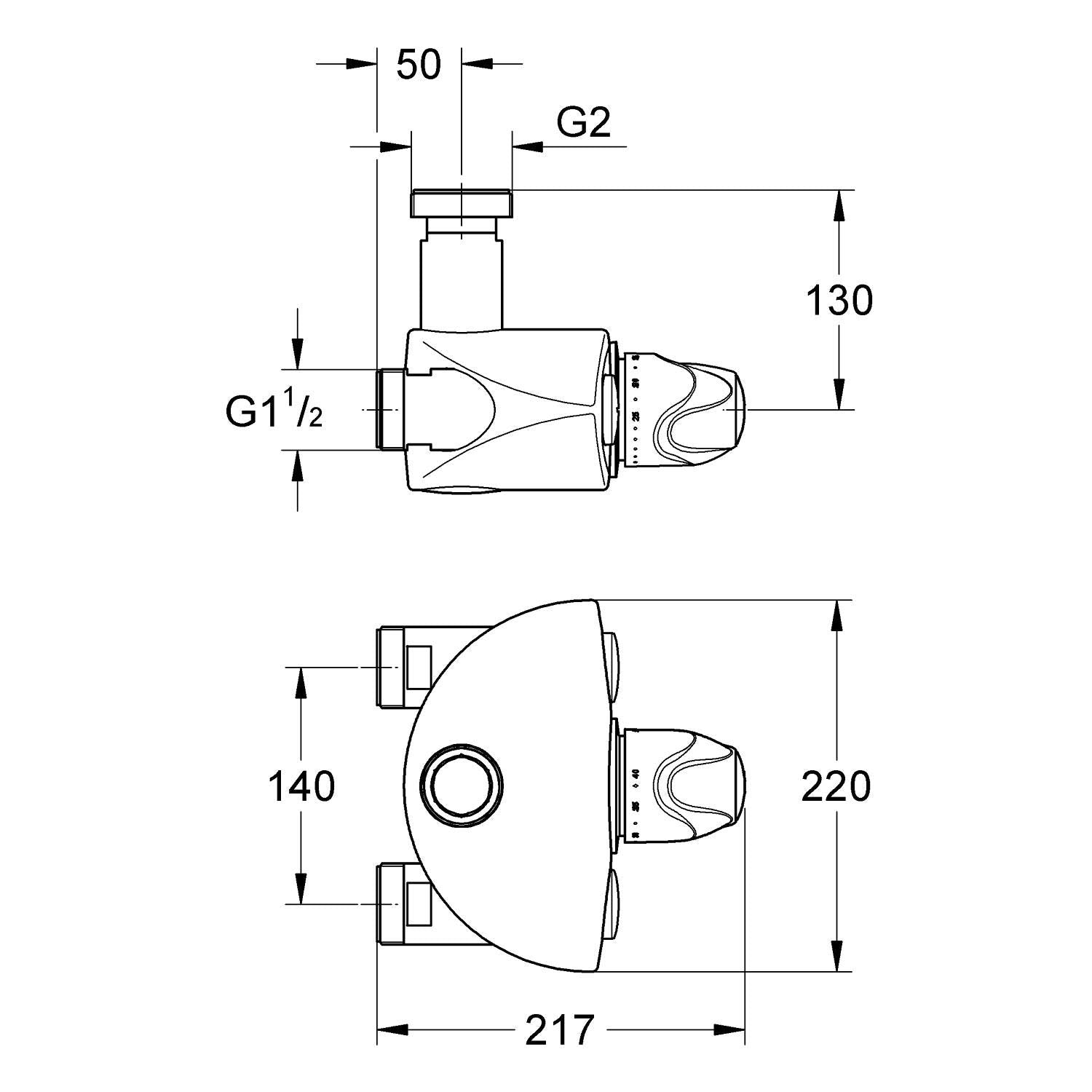 Grohe chrome non-return valve with G1½ and G2 connection ports, shown in technical front and side views with dimensions.