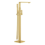 Brushed gold freestanding tub faucet with single handle, curved spout, and handheld shower on hose.