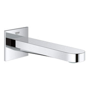 Chrome tub spout with curved outlet and rectangular wall-mounted flange featuring Grohe branding.