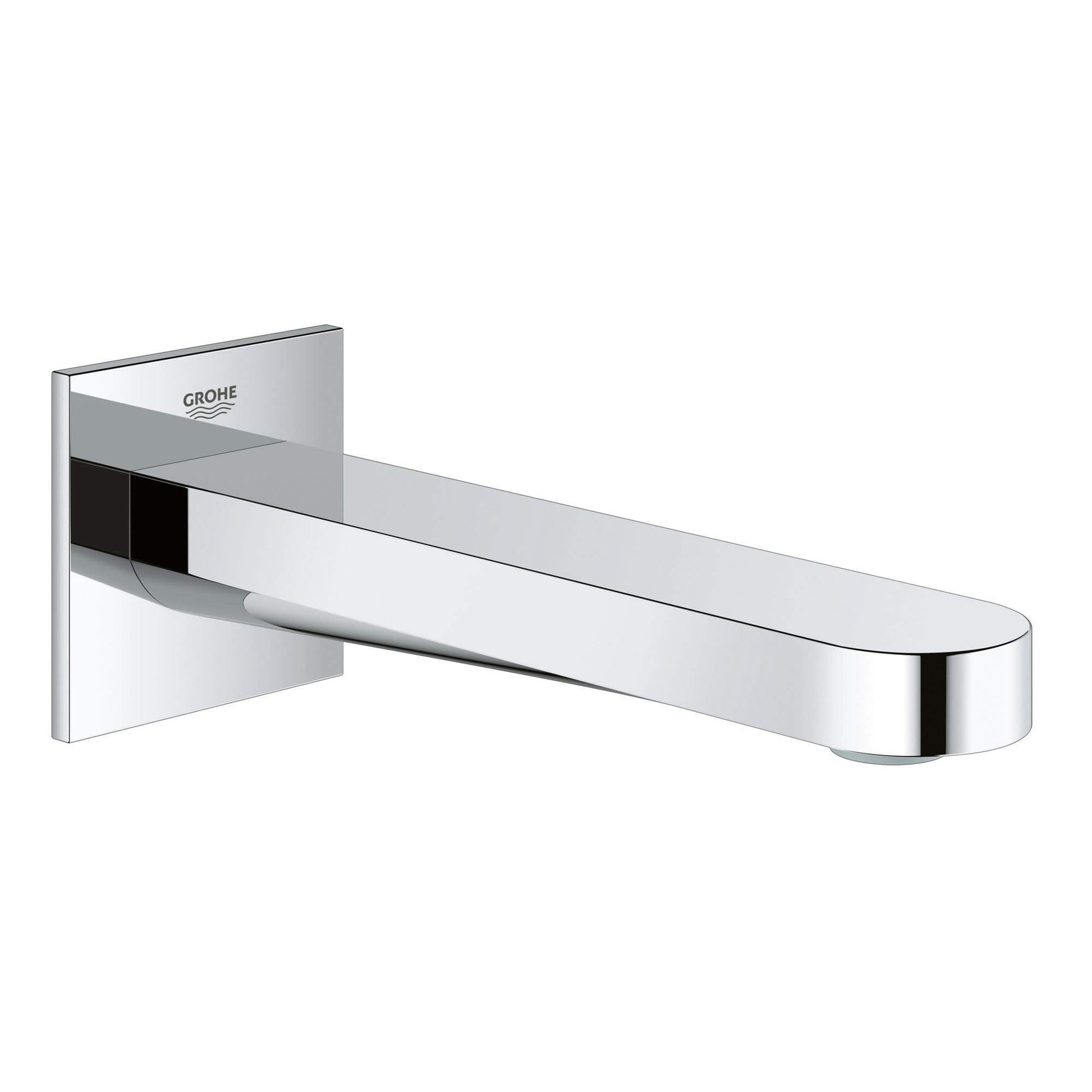 Chrome tub spout with curved outlet and rectangular wall-mounted flange featuring Grohe branding.