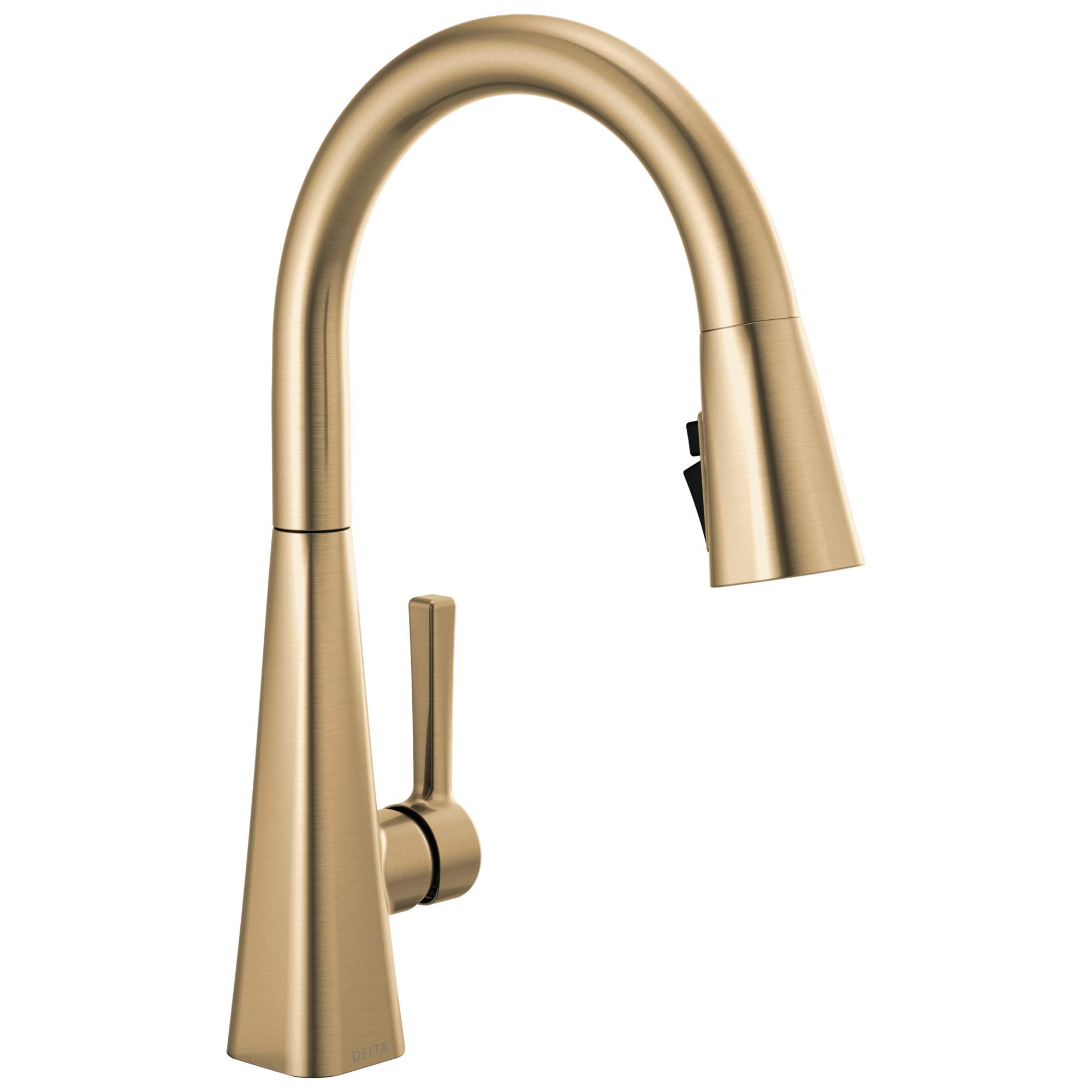 Champagne bronze single-handle pull-down kitchen faucet with curved spout and lever handle.