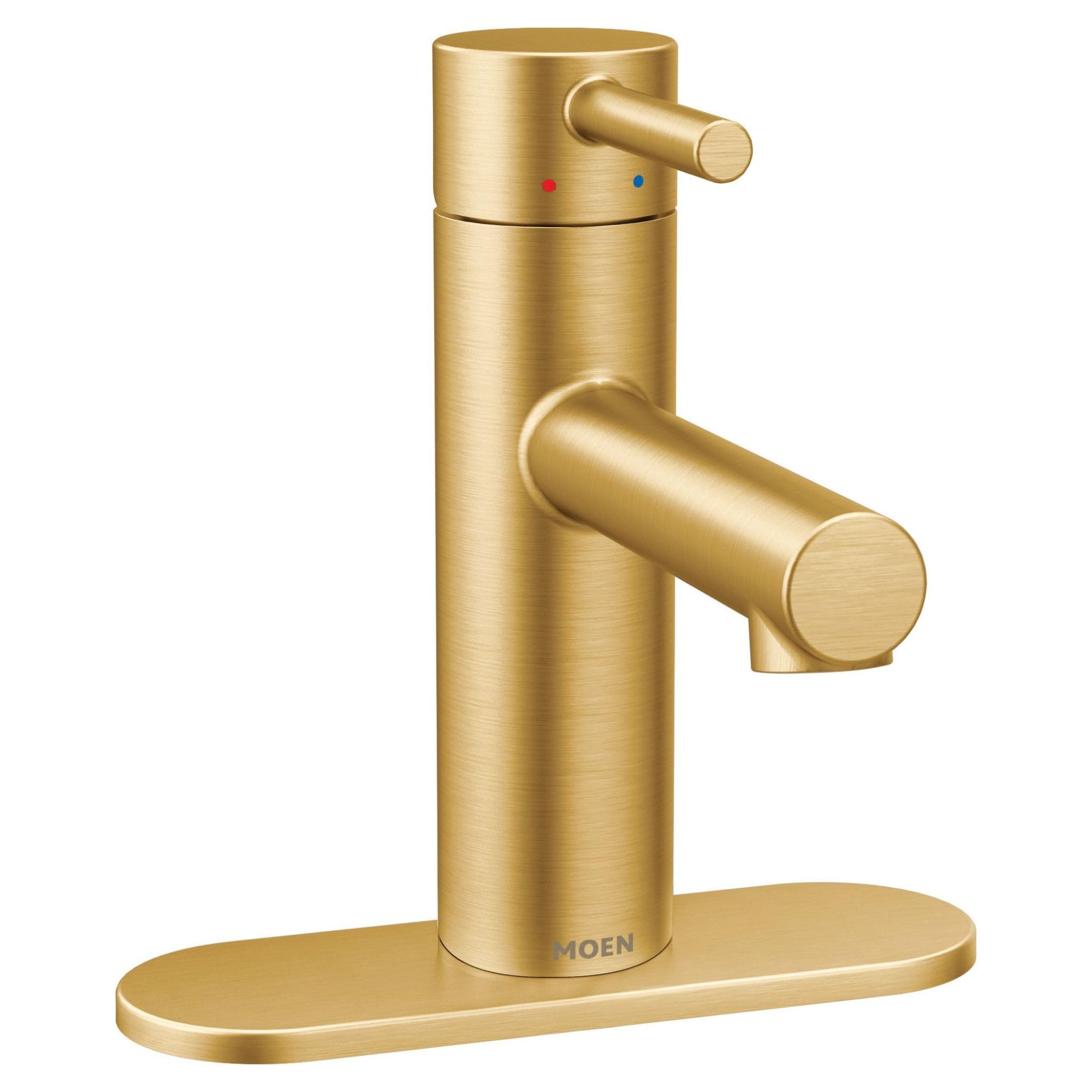 Brushed gold single-handle bathroom faucet with cylindrical spout, control indicator dots, and oval base plate.