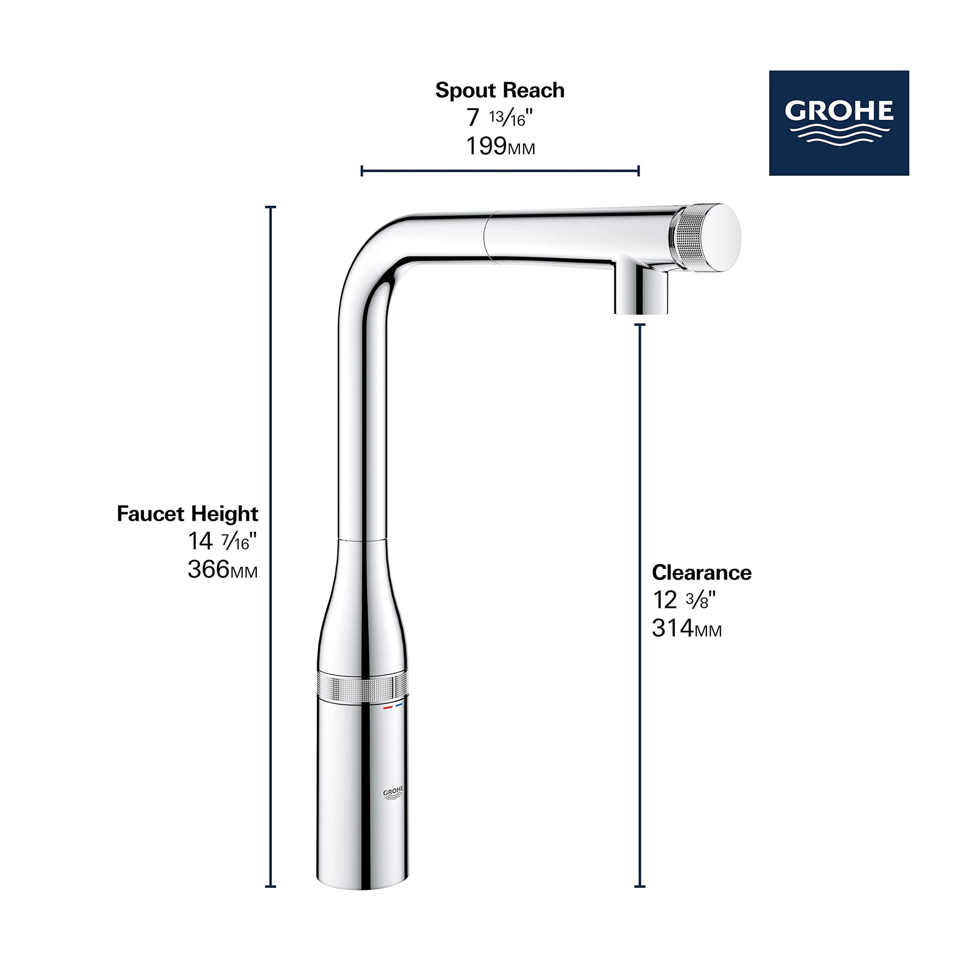 Chrome pull-out kitchen faucet with high spout and spray head attachment shown with dimensions.