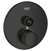 Matte black circular thermostatic valve trim with upper showerhead control and lower temperature dial marked 38-100 degrees.