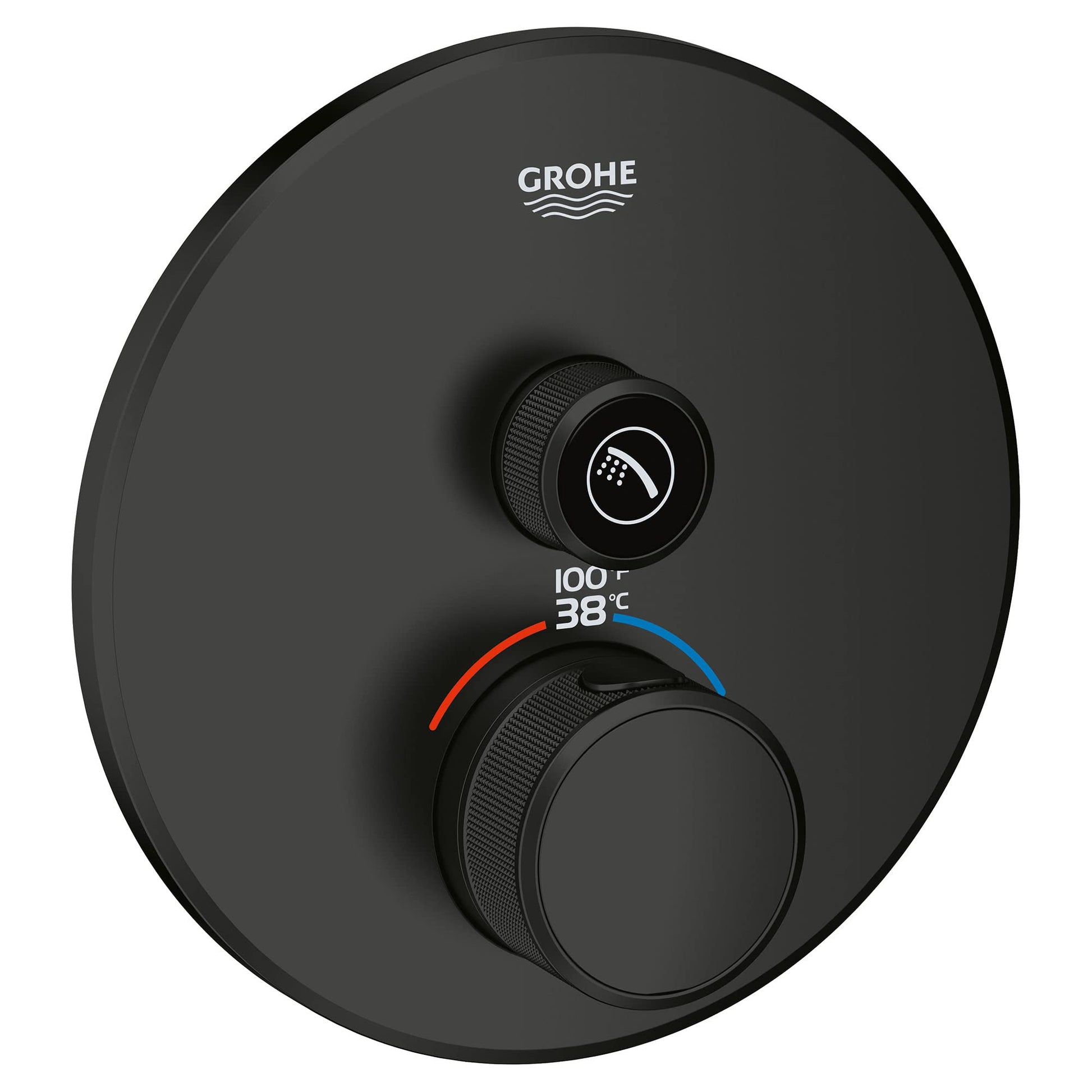 Matte black circular thermostatic valve trim with upper showerhead control and lower temperature dial marked 38-100 degrees.