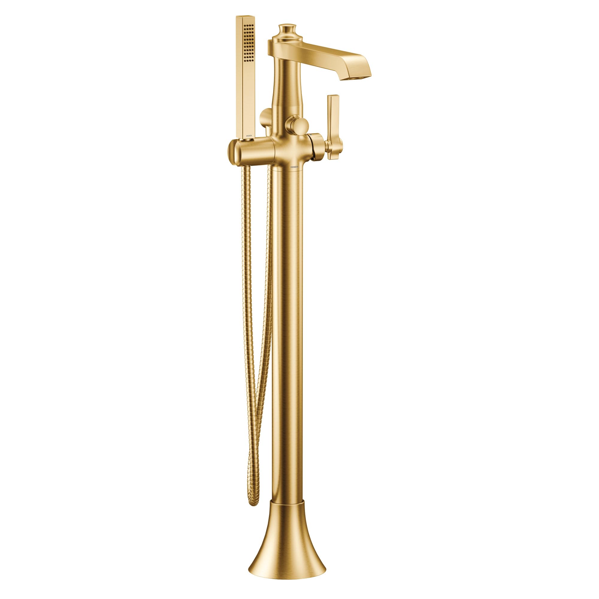 Brushed gold freestanding floor-mount tub filler with single handle, curved spout, and detachable handheld showerhead on hose
